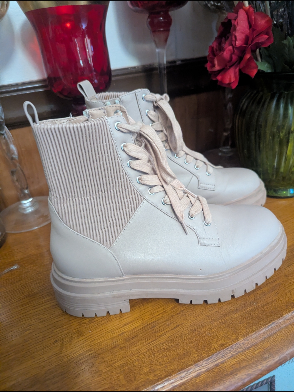 Chelsea & Violet Light Beige Lace-Up Ribbed Ankle Combat Boots
